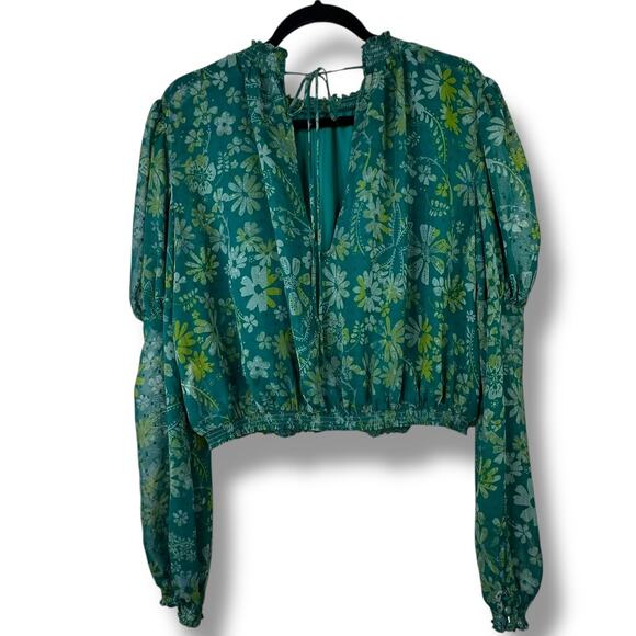 Free People NWT Sea Combo Clarissa Floral Print High Neck Smocked Blouse XS - Picture 6 of 9